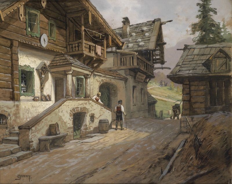 Dorfstraße in den Alpen by Georg Janny, oil on canvas depicting a tranquil village and mountains.