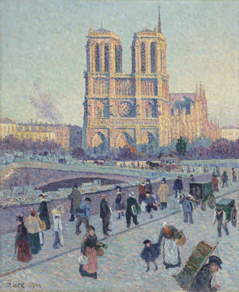 Post-Impressionism oil painting by Maximilien Luce depicting silhouettes along the Seine at sunset