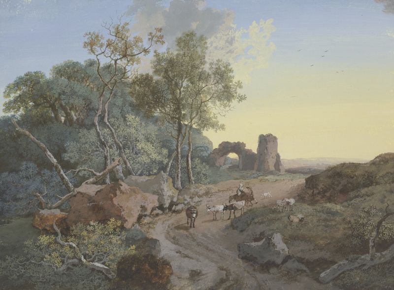Oil painting by Johann Georg Wagner depicting ruins, shepherds, and cattle in a forest.