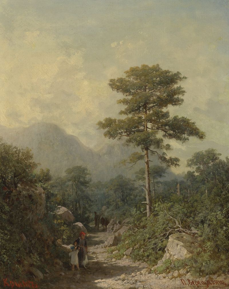 Pintura de paisaje al óleo de Petr Petrovich Vereshchagin con una figura solitaria y colores apagados.