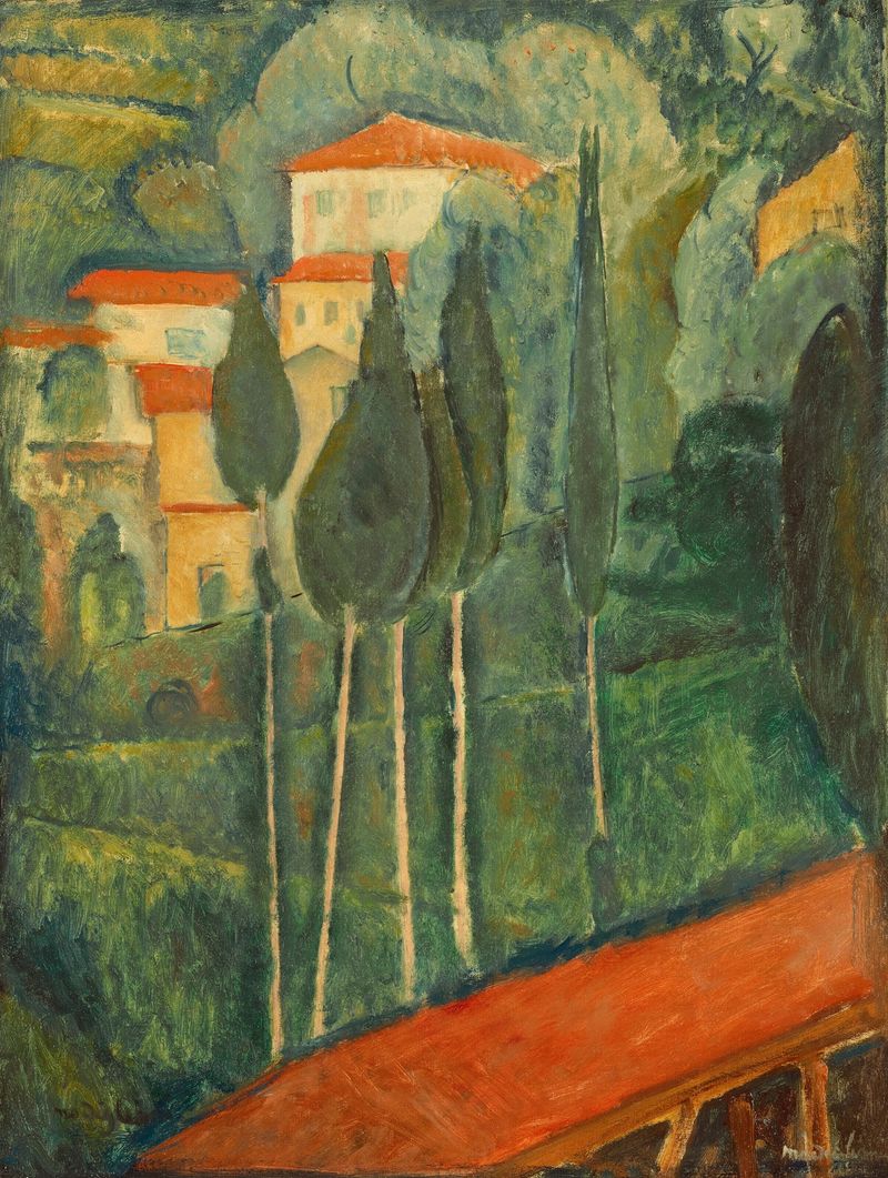 Paysage dans le Midi de Amedeo Modigliani, óleo sobre tela com oliveiras e céu pastel