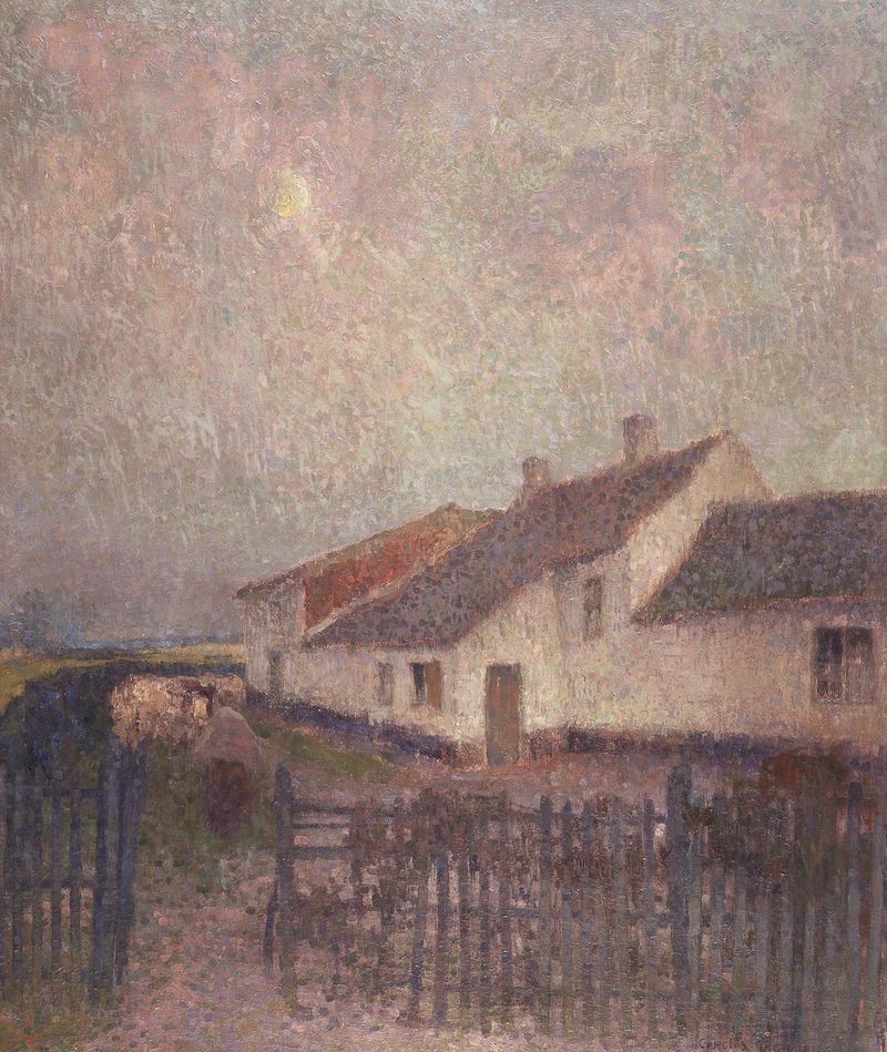 Farm at Dusk, oil on canvas by Carolus Tremerie, depicting silhouettes of farm structures at twilight.