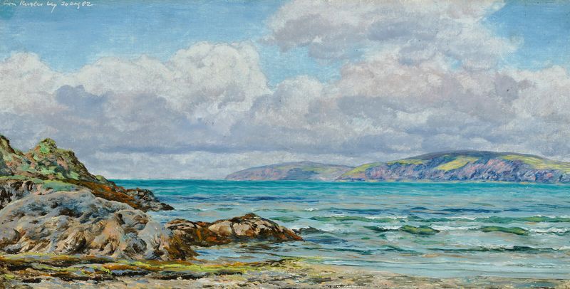 Cwm-yr-Eglwys Bay by John Brett, oil on canvas showing gentle waves and cliffs.