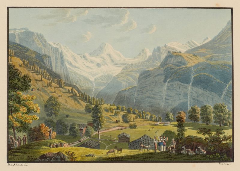 Oil painting by David Alois Schmid depicting mountains and mist.