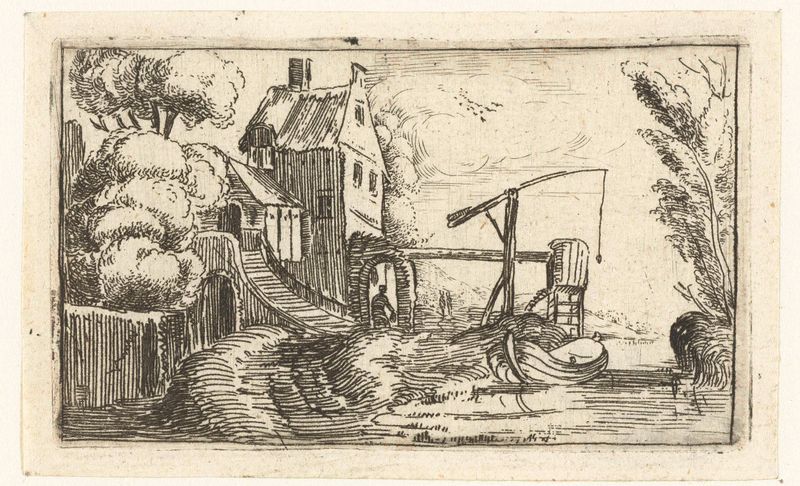 Huis of fabriek aan een kanaal gravura de Esaias van de Velde mostrando uma fábrica ao lado de um canal tranquilo