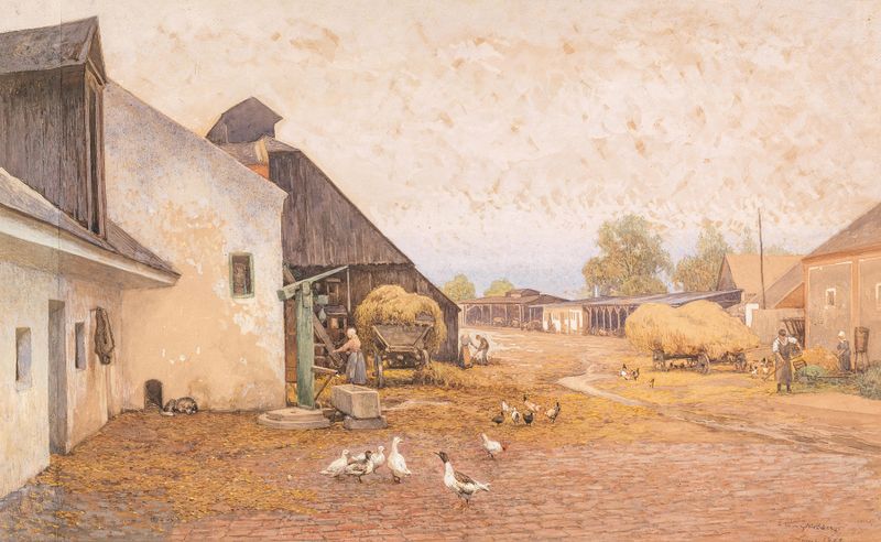 Landscape of a farmhouse surrounded by fields, oil painting by Rudolf Weber