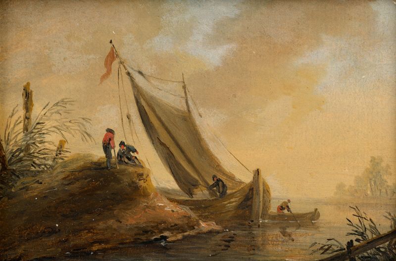 Seelandschaft de Johann Christian Brand, óleo sobre tela representando águas tranquilas e natureza.