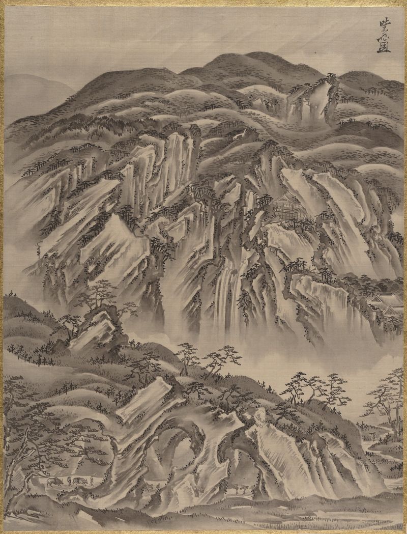 Rocky Landscape by Kawanabe Kyōsai, Ukiyo-e, depicting jagged mountains and a vast sky.