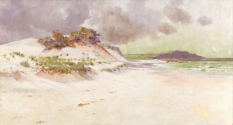 Óleo sobre tela de Jessie E Scarvell mostrando ondas e costa