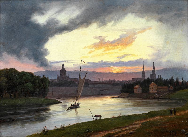Dresden at Sunset by Knud Baade, oil painting depicting a sunset over the river and skyline.