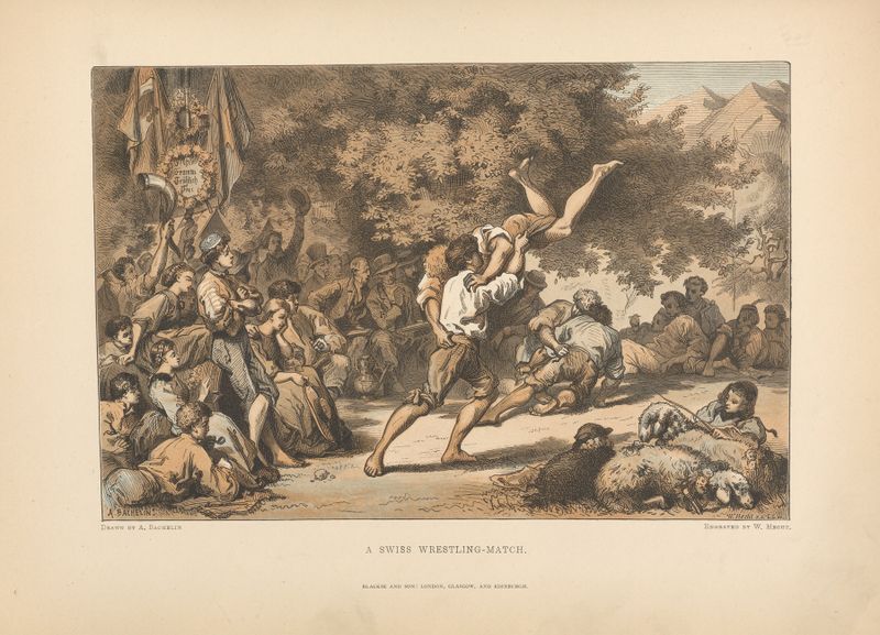 A Swiss Wrestling-match de Theodor Gsell Fels, óleo sobre lienzo que muestra luchadores en atuendos vibrantes.