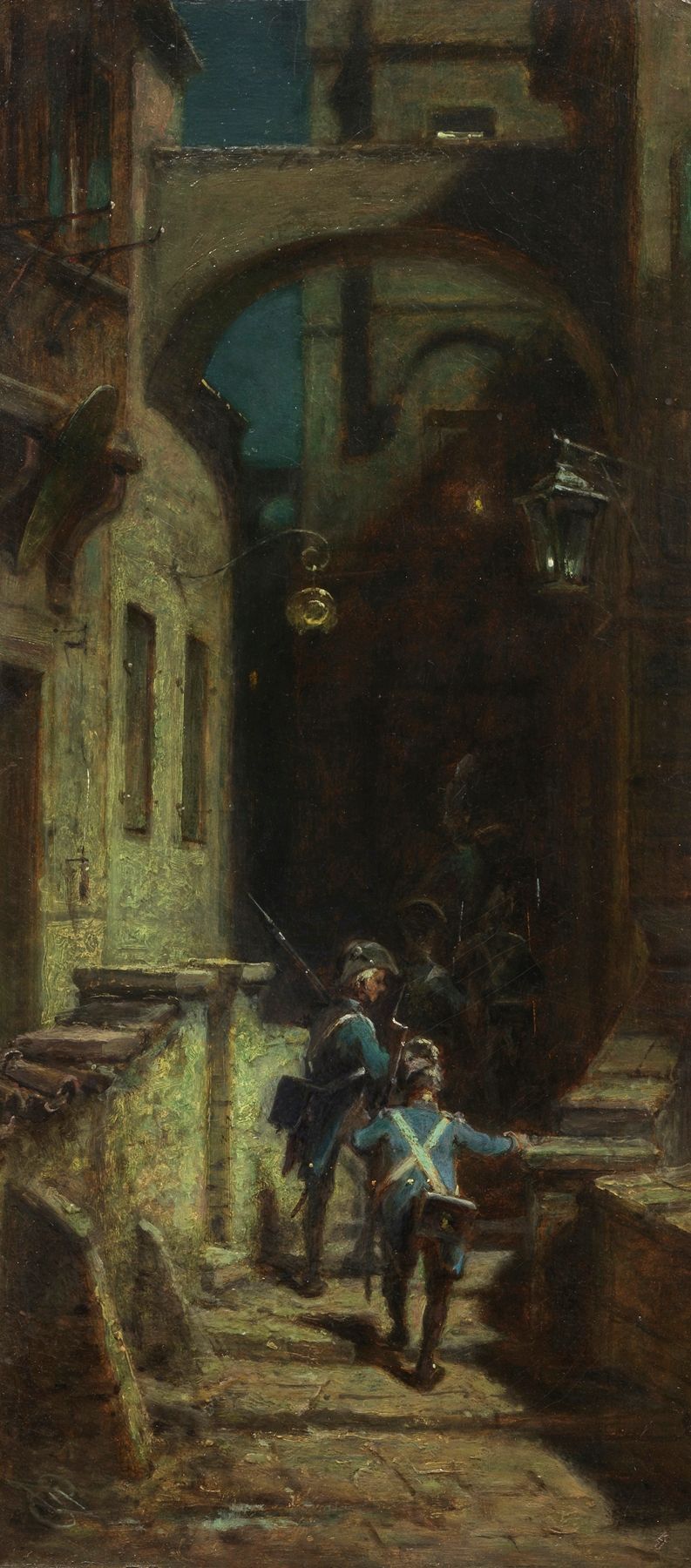 Genre scene of a guard in dark uniform, oil painting by Carl Spitzweg