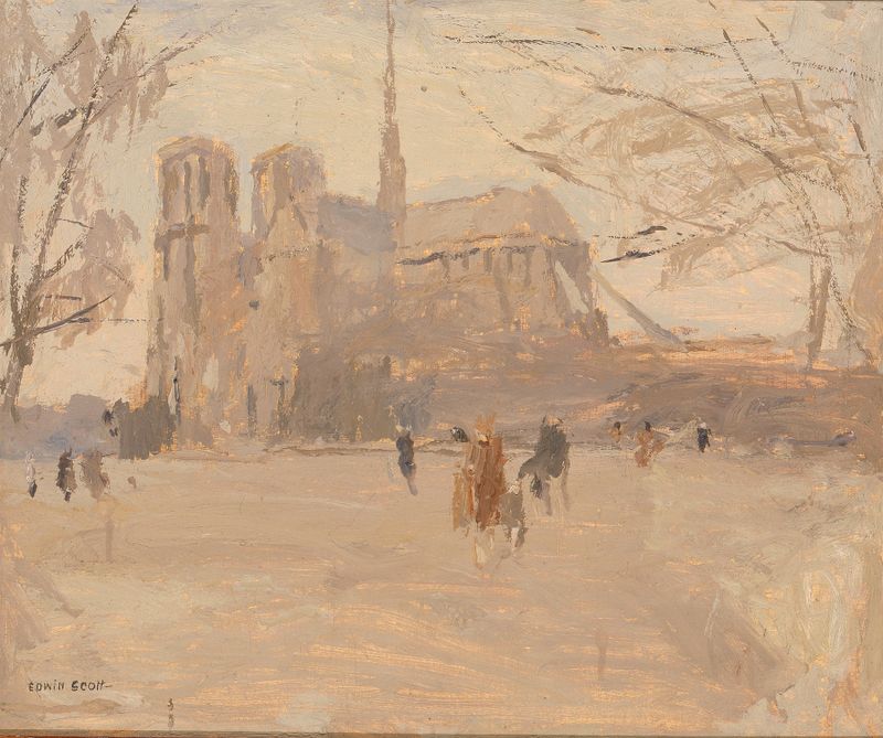 Notre Dame no. II de Frank Edwin Scott, representando la silueta de una catedral gótica en suaves tonos.