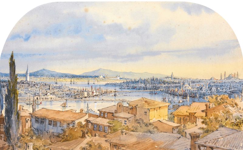 Marine scene of the Golden Horn at sunset, oil painting by Amadeo Preziosi.