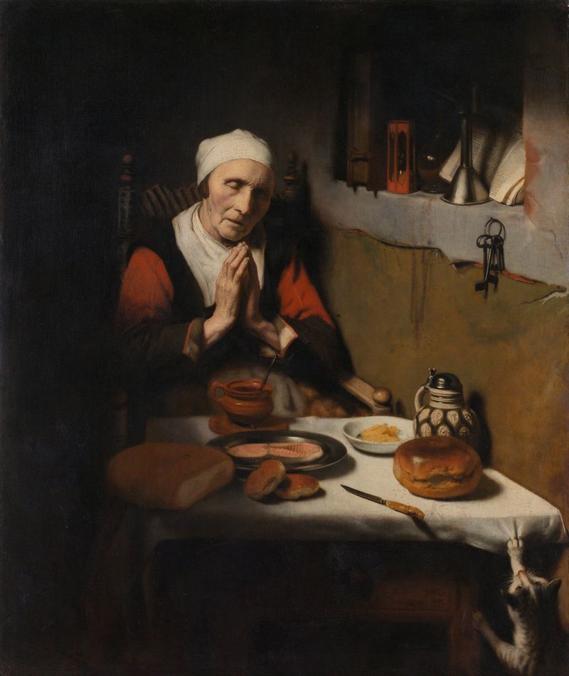 Old Woman Saying Grace, oil painting by Nicolaes Maes, depicting a woman praying before her meal.