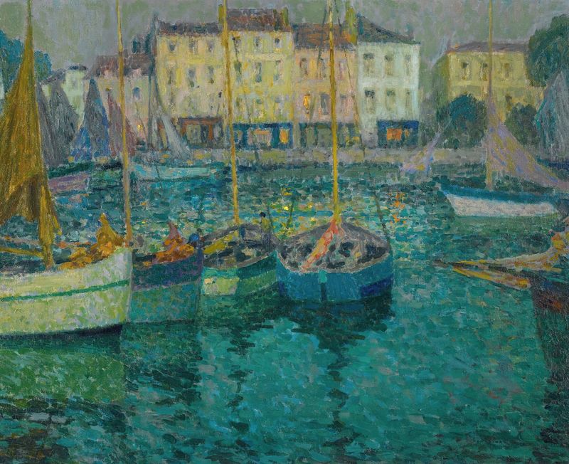 Les Barques À La Rochelle de Henri Le Sidaner, impresionismo, representando barcos en un puerto tranquilo