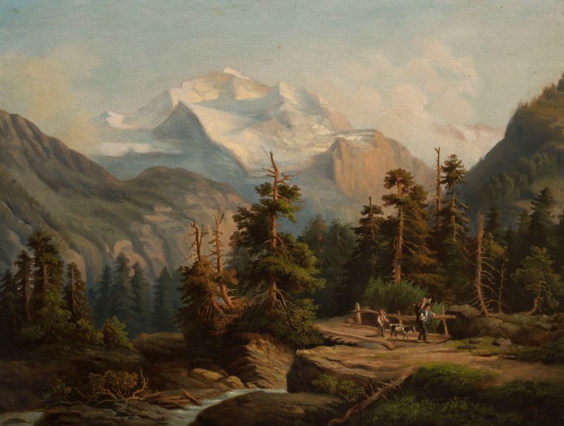 Mountain landscape by Feliks Brzozowski, oil painting depicting majestic mountains and soft haze.