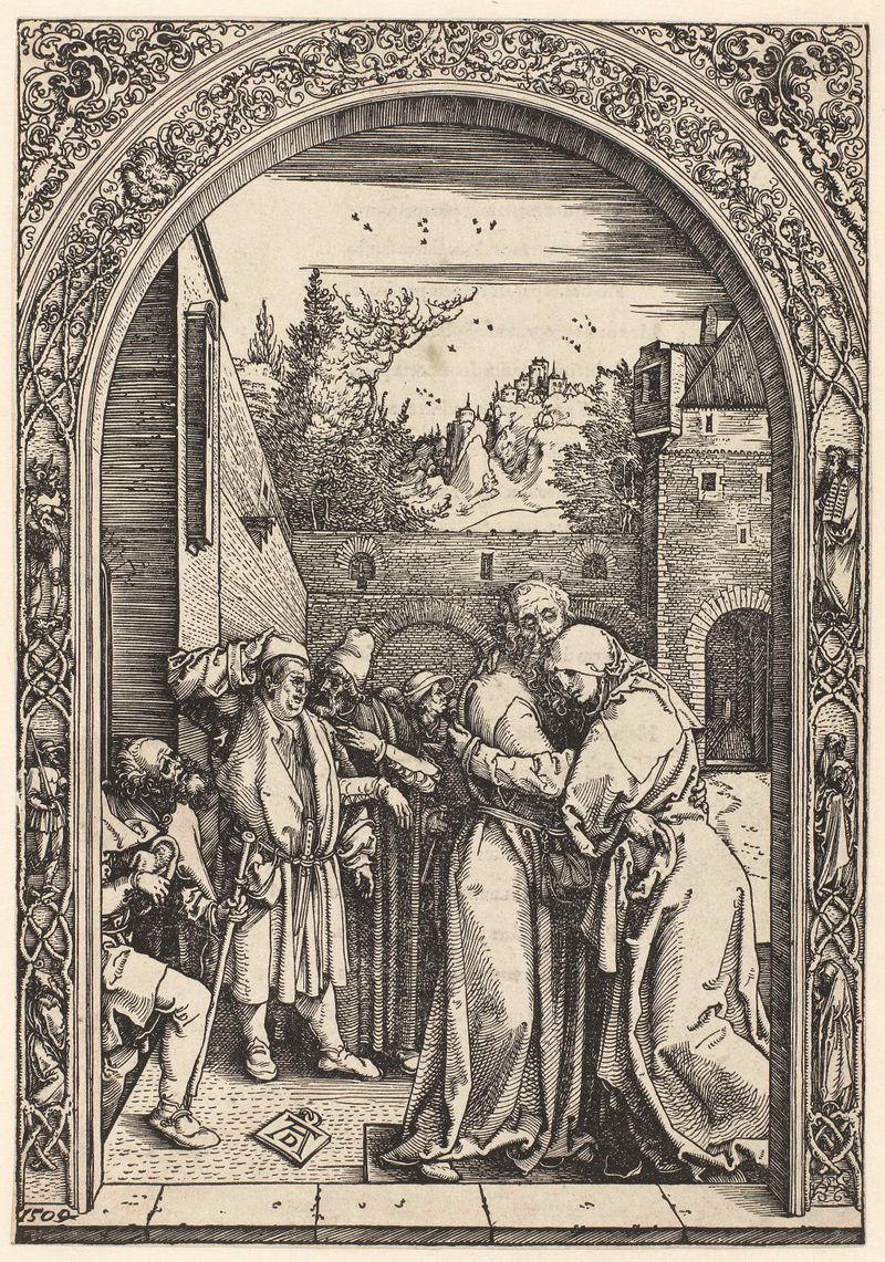 Cena religiosa com figuras e luz na gravura de Albrecht Dürer, De encontro no Portão Dourado.