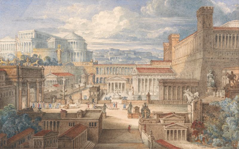 A Scene in Ancient Rome: A Setting for Titus Andronicus, I, ii de Joseph Michael Gandy, pintura a óleo