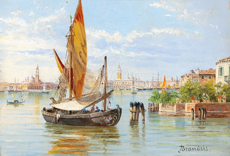 Marine scene with fishing boats on blue water by Antonietta Brandeis, oil painting
