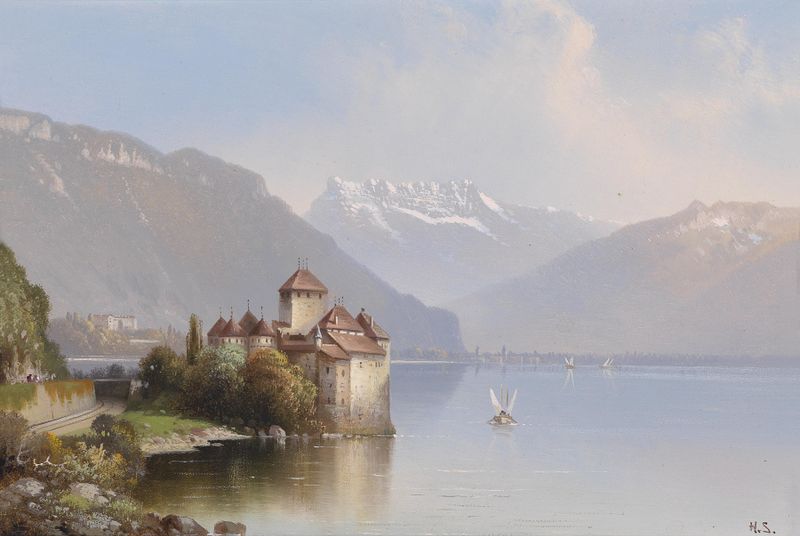 Schloss Chillon de Hubert Sattler, pintura al óleo que muestra un castillo reflejado en aguas tranquilas.