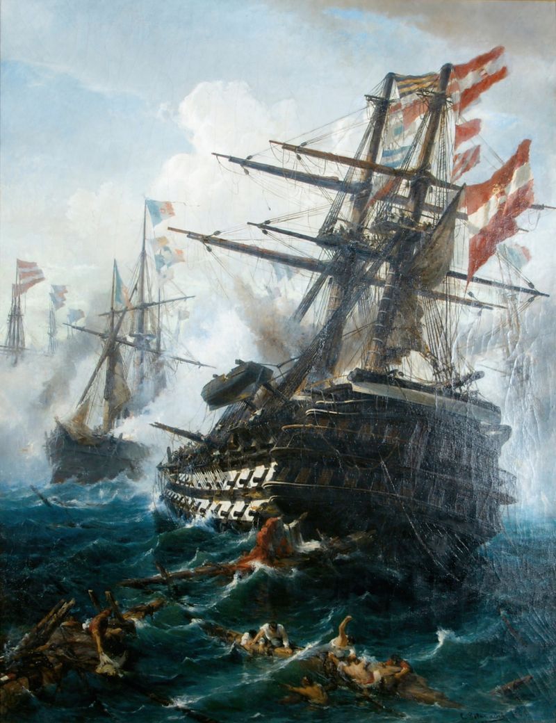 Linienschiff ‘SMS Kaiser’ in der Schlacht bei Lissa, óleo sobre tela de Konstantinos Bolanachi