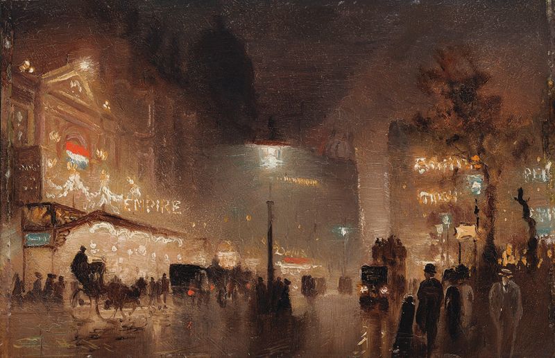 Leicester Square by George Hyde Pownall, oil on canvas depicting a bustling urban scene.