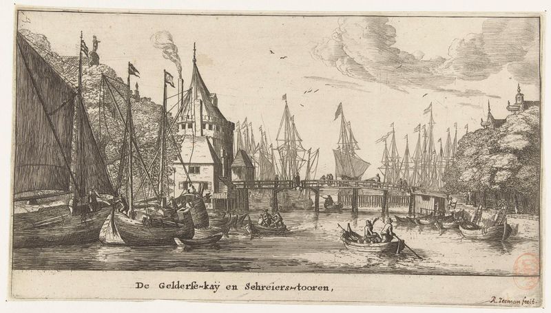 Grabado de Reinier Nooms que muestra Geldersekade y Schreierstoren en Ámsterdam