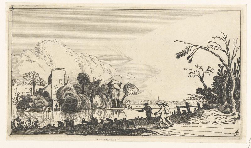 Herder met geiten en schapen bij een rivier, gravura de Unknown Artist