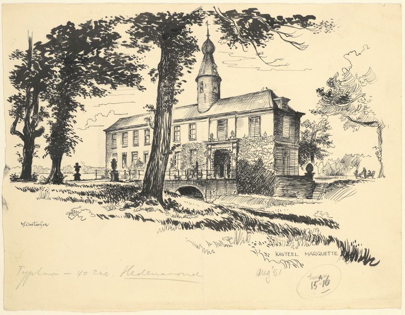 Kasteel Marquette de Maarten Oortwijn, óleo sobre lienzo que representa un paisaje brumoso con un castillo.