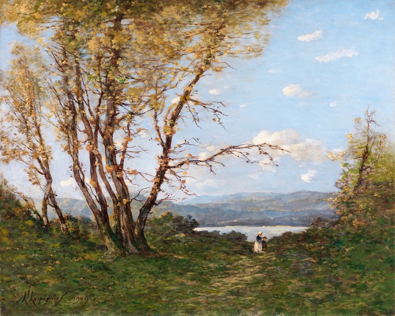 A Landscape de Henri-Joseph Harpignies, óleo sobre lienzo que representa colinas verdes y un cielo tranquilo.