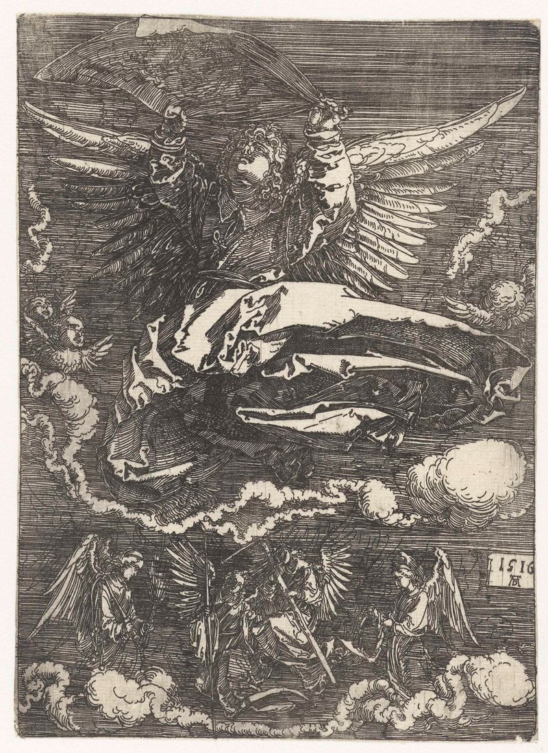 Grabado Engelen met de zweetdoek en de passiewerktuigen de Albrecht Dürer con un ángel sosteniendo el paño de Verónica.