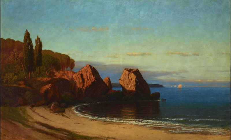 Boulders by James Renwick Brevoort, oil on canvas depicting textured rocks and light.