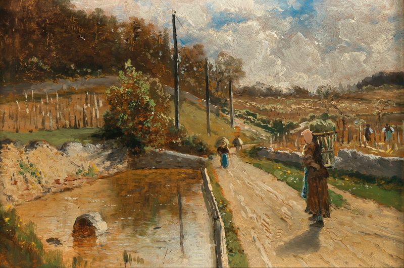 Workers in a vineyard, Samois by Theodor Von Hörmann, oil painting depicting laborers in earthy tones.