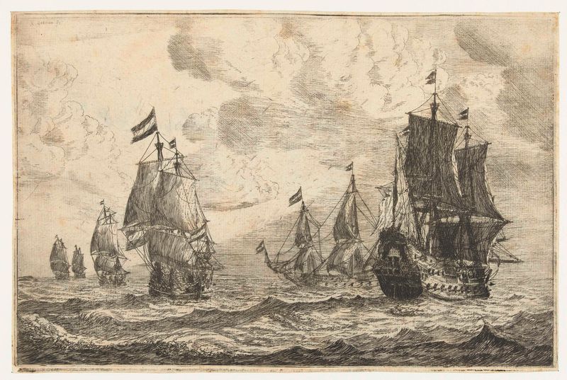Gravura de Reinier Nooms mostrando seis barcos à vela no oceano