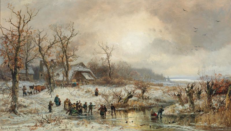 Children ice skating in winter, oil on canvas by Adolf Stademann