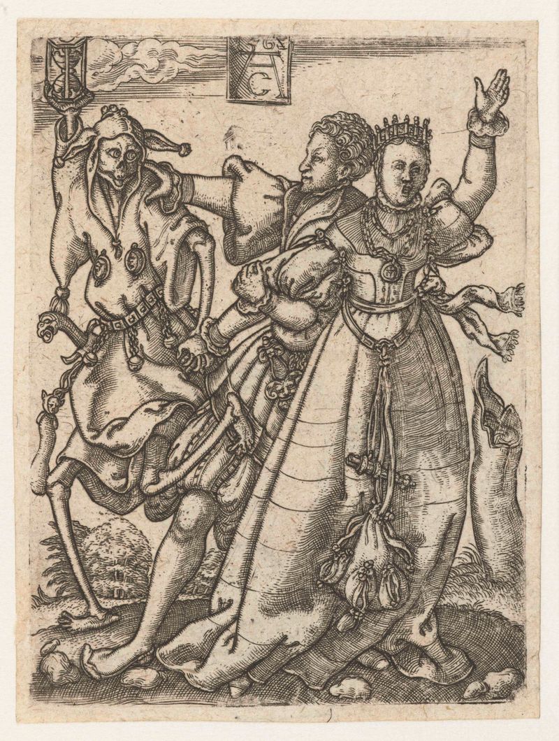 Echtpaar met de Dood engraving by Monogrammist AC depicting a couple with Death looming behind