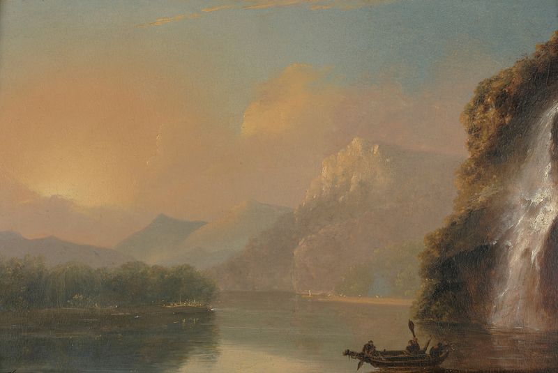 Waterfall in Dusky Bay with Maori canoe, oil painting by William Hodges