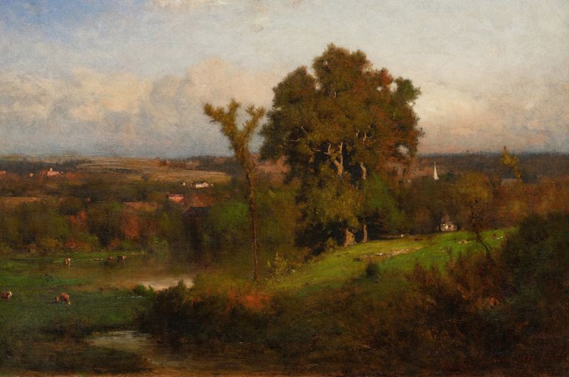 Otoño cerca de Marshfield, óleo sobre lienzo de George Inness, que representa un paisaje tranquilo con luz dorada.