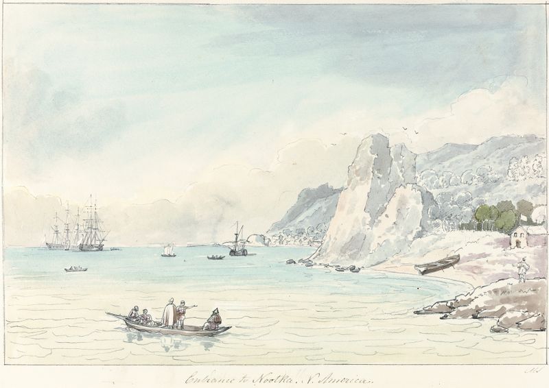 Entrance to Nootka, oil painting by Charles Hamilton Smith, featuring a rocky shoreline and vibrant foliage.