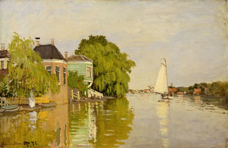 Houses on the Achterzaan de Claude Monet, pintura a óleo que retrata uma paisagem de vila tranquila.