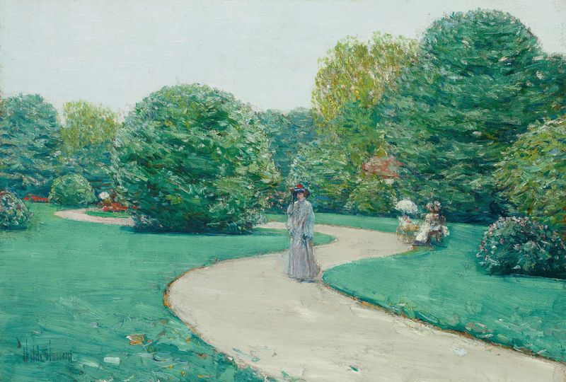 Parc Monceaux, Paris de Childe Hassam, pintura a óleo que retrata uma cena de parque exuberante