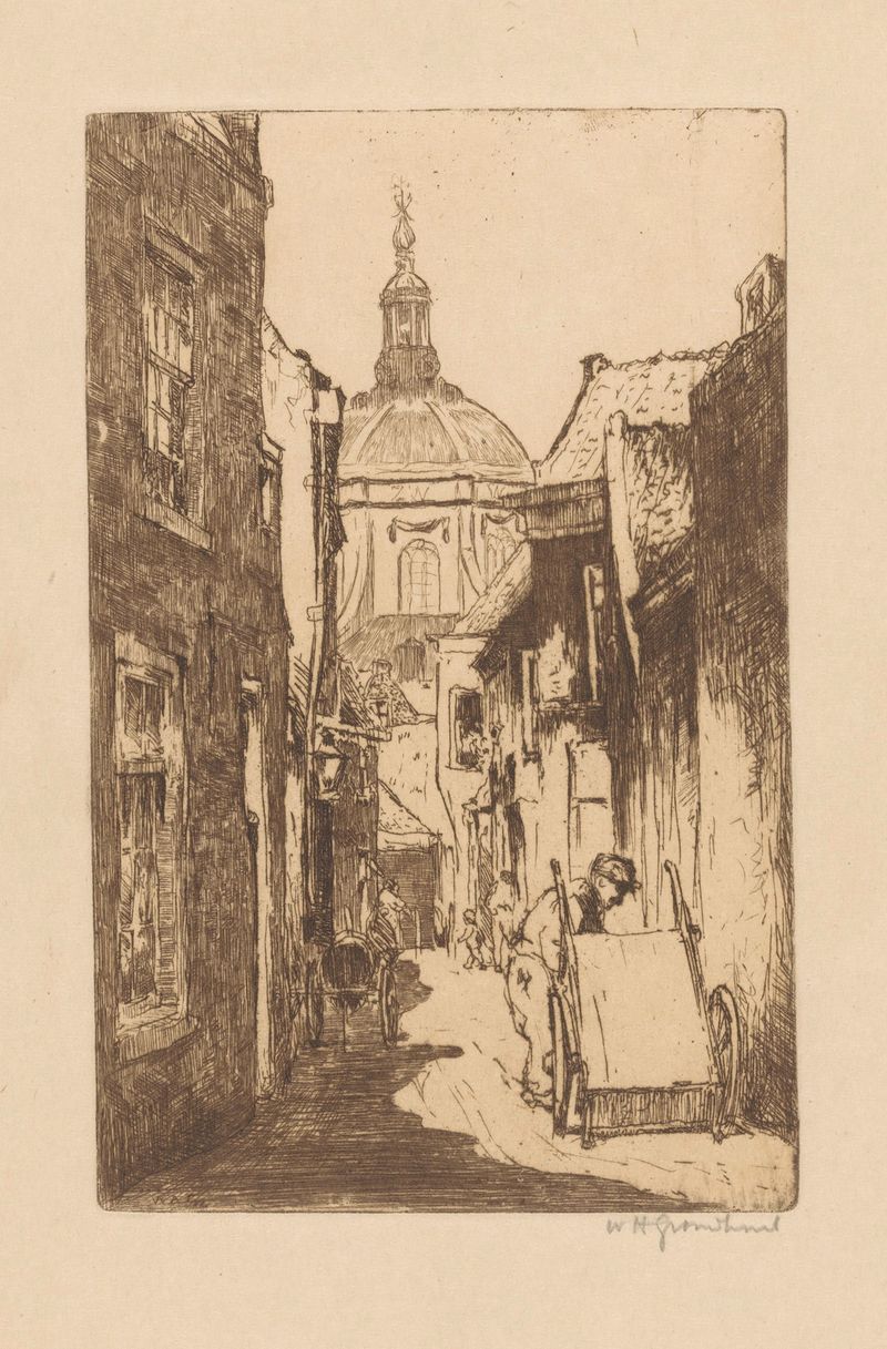 Landscape of a street in Leiden by Willem Adrianus Grondhout, oil on canvas