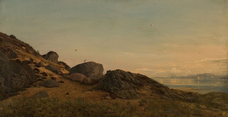 Paisaje de colinas y agua al atardecer de Amaldus Nielsen, pintura al óleo