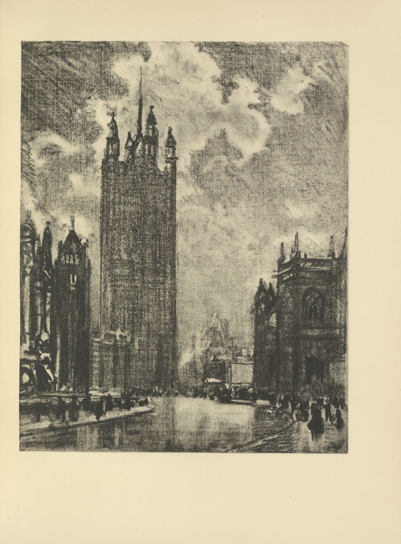 Victoria Tower de Joseph Pennell, gravura modernista que retrata uma estrutura alta com luz e sombra.