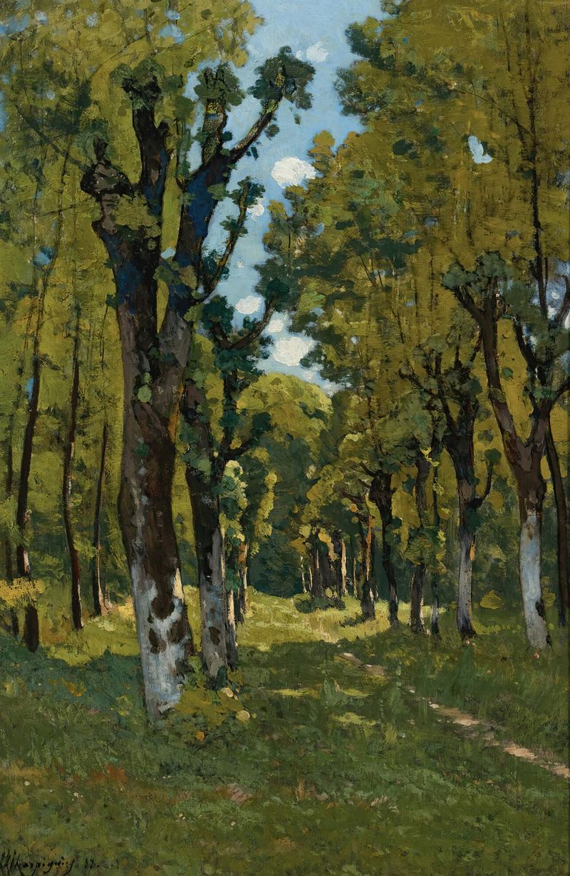 Sendero boscoso iluminado por el sol en pintura al óleo de Henri-Joseph Harpignies
