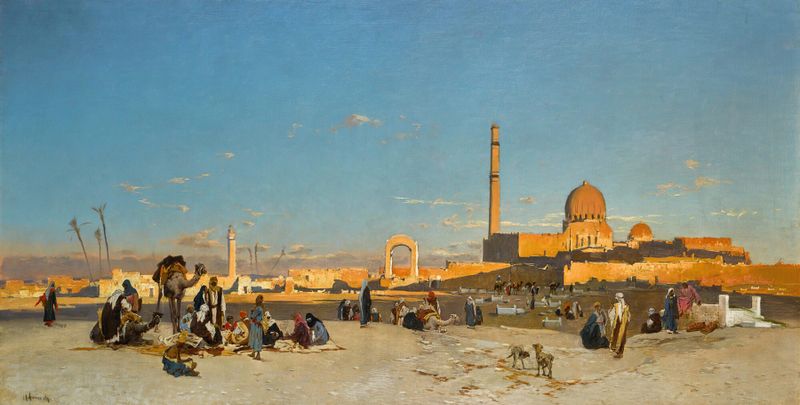 Landscape of Cairo with golden light, oil painting by Hermann David Salomon Corrodi