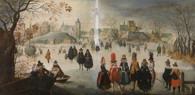 Landscape with Skaters by Adam van Breen, depicting skaters on ice, oil painting