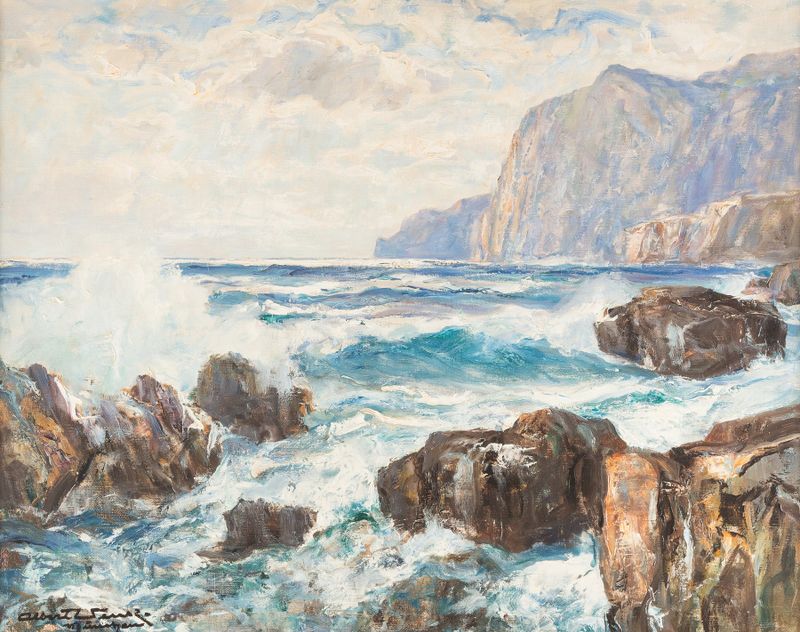 Breakers on a rocky coast, oil painting by Albert Wenk, depicting tumultuous waves crashing against rocks.