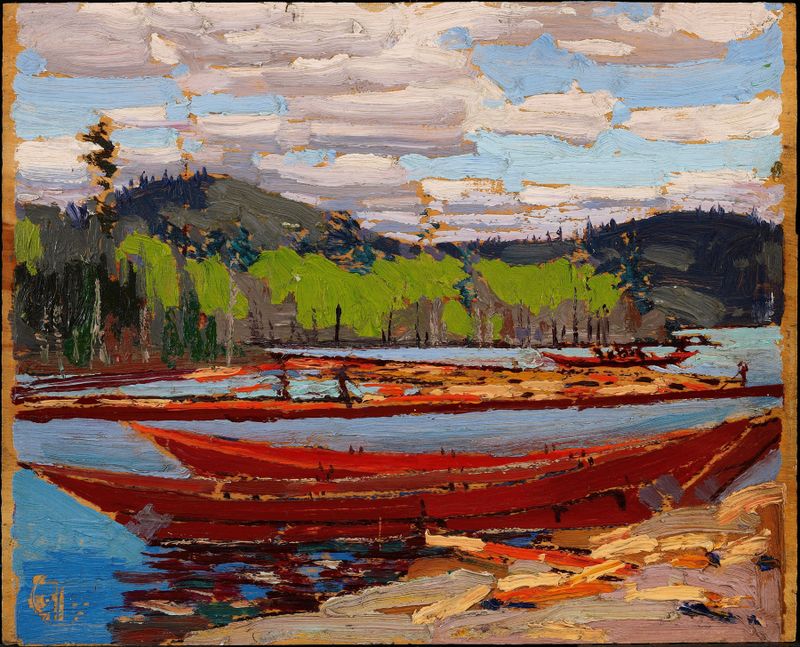 Barcos flutuando na água, pintura a óleo de Tom Thomson